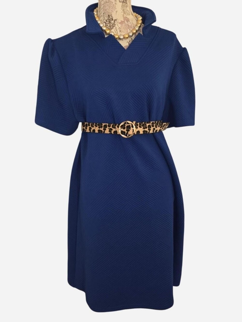 Structured Short-Sleeve Mini Dress in Deep Blue